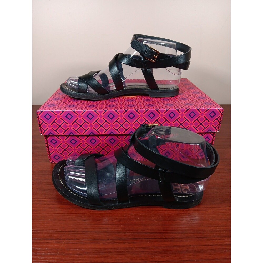 Tory Burch Patos Gladiator Sandals Size 5.5 Black Leather Includes Box & Dustbag